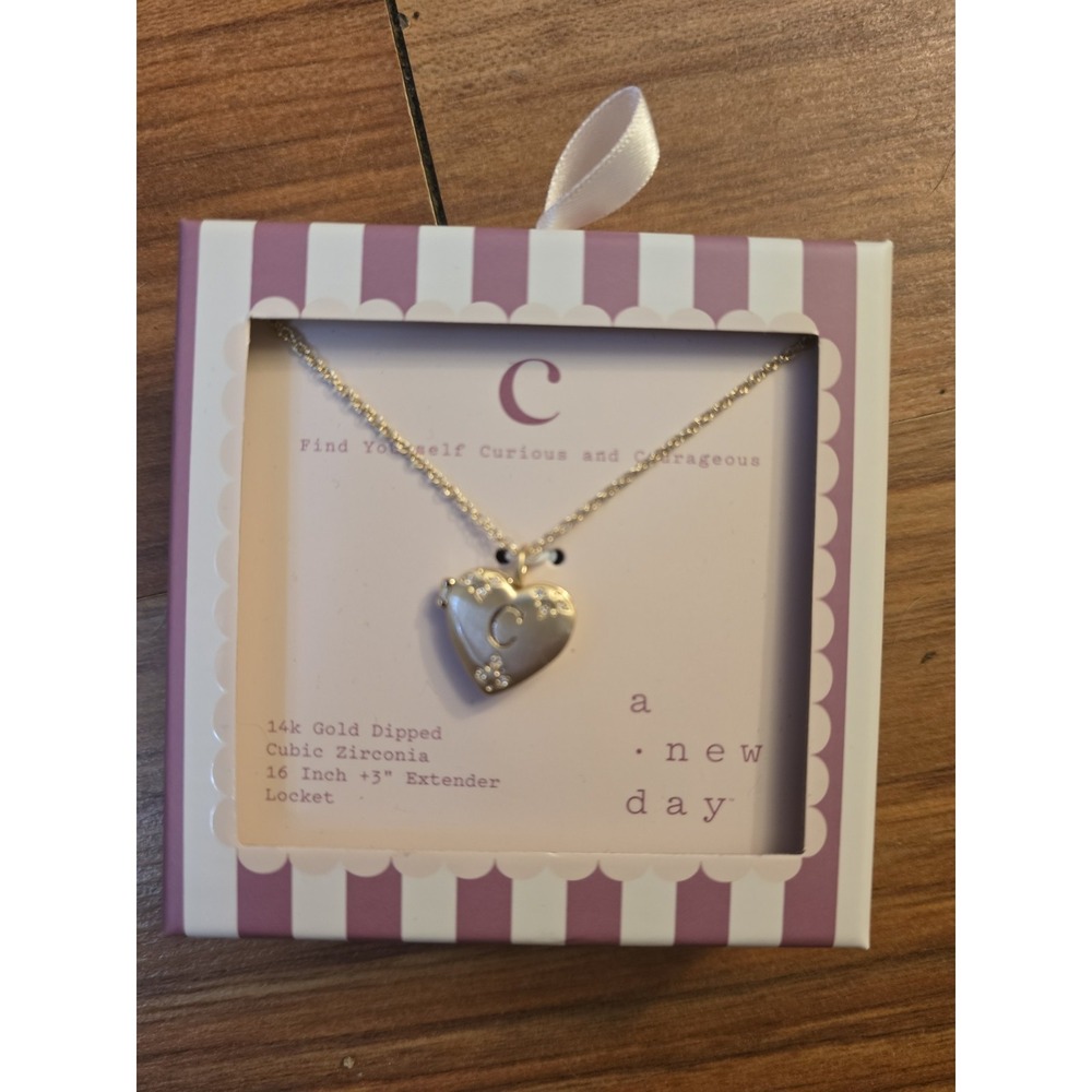 A New Day Initial C 14K Gold Dipped Heart Locket Necklace Cubic Zirconia 16" S31